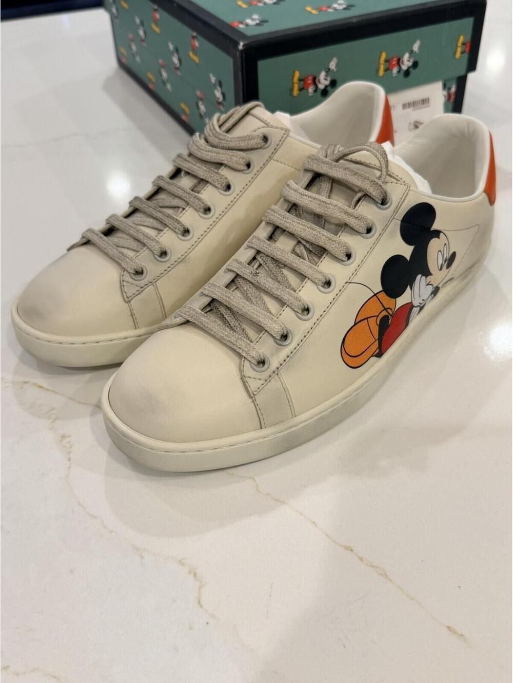 Gucci Ace Mickey Mouse Disney Beige Multi Leather Sneakers Sz 37+ US 7.5w NEW